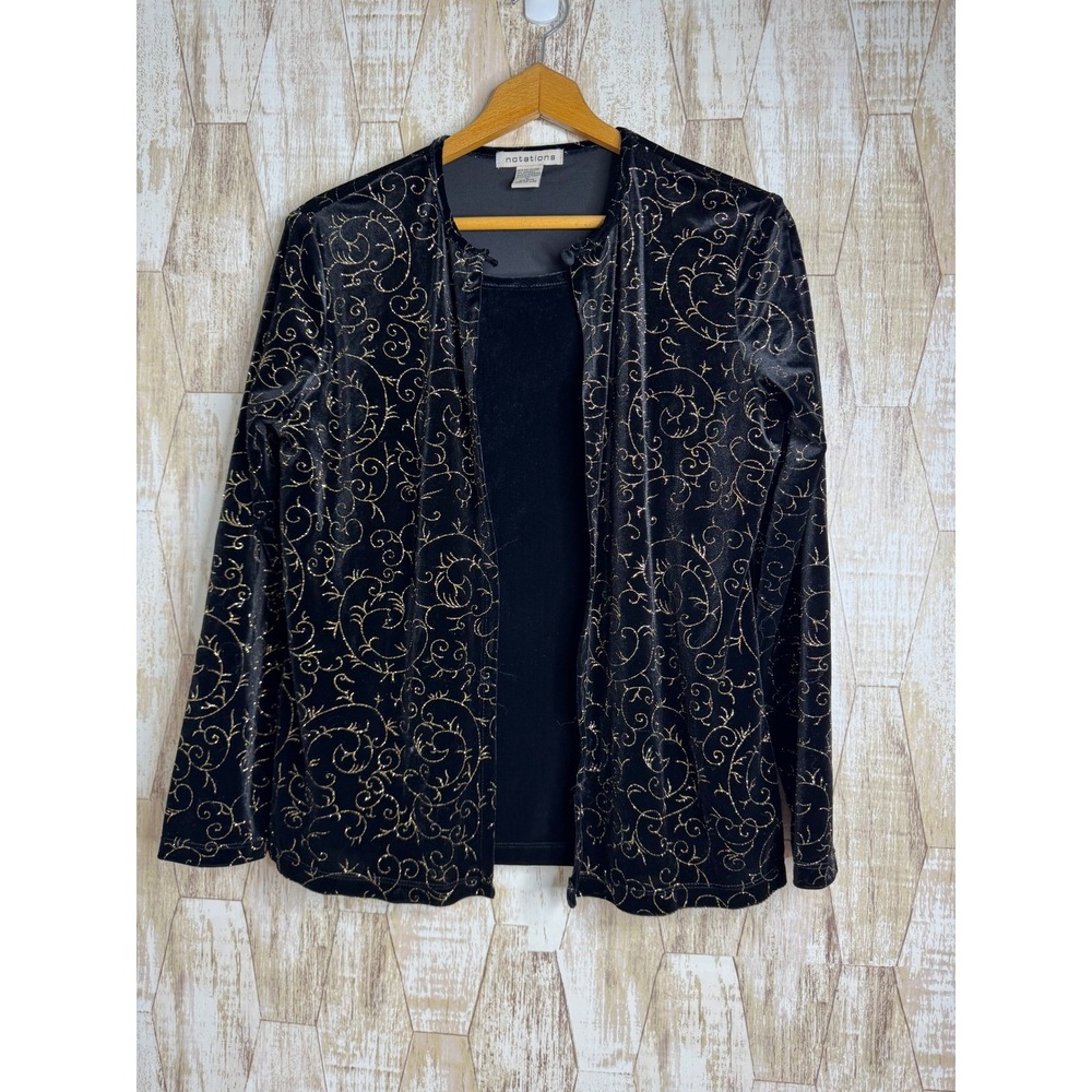 Notations‎ Velvet Glitter Scroll Cardigan Tank M Y2K Vintage Black Gold